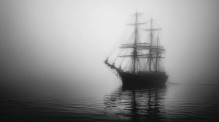 Obraz premium Dark silhouette of an old sailing ship adrift on calm water surrounded by dense fog