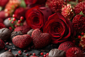 Red roses and heart shape ornaments