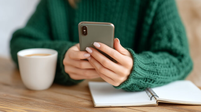 Mobile remote work concept with hands holding smartphone for taking work notes - Powered by Adobe