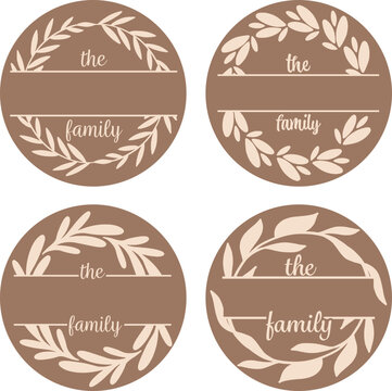 Family Split Monogram SVG, Laser Cut Files, Personalized Name, Elegant Wreath, Decorative Laurel Leaves Branches, Round Sign Bundle