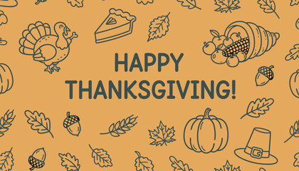 Happy Thanksgiving illustration background with holiday icons like turkey pumpkin and cornucopia