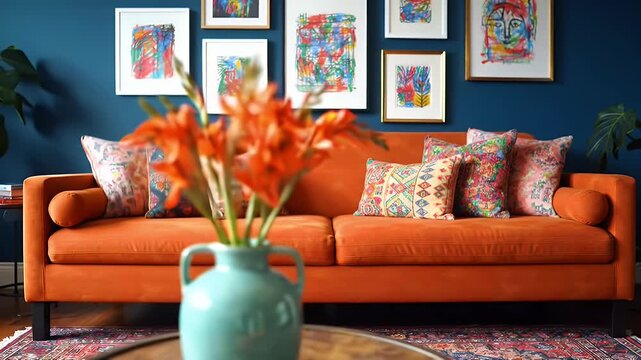 Vibrant orange sofa anchors a bright blue living room with a gallery wall of colorful framed art and patterned cushions
