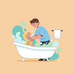 Happy father bathing his laughing child in a bubbly tub Parenting family and hygiene concept