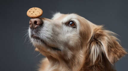 Dog balancing and catching treat on nose for fun training activity