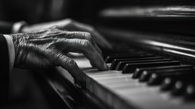 Detailed monochrome shot of aging hands playing a grand piano keyboard expertly