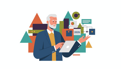 Professional man using a tablet for business planning and forecasting surrounded by abstract data visualization elements