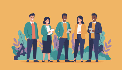 Diverse professional team smiling standing together Modern business collaboration and teamwork concept illustration