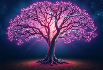 A bioluminescent tree pulsing with cosmic energy ,  energy,  nature