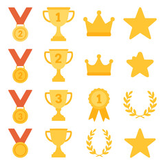 Victory Icons: A collection of gold medals, trophies, crowns, stars, and laurel wreaths, symbolizing achievement, excellence, and the pursuit of success.