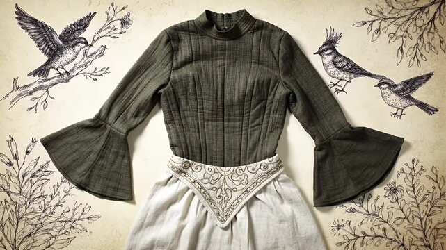 Victorian-style green bodice dress with dramatic flared sleeves and lace waistline in vintage botanical and bird illustration backdrop