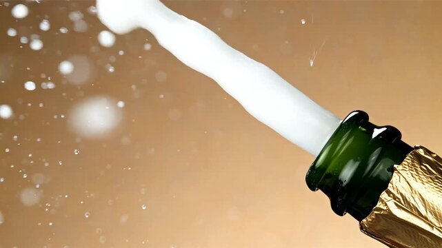 Foamy white champagne spray exploding from green glass bottle neck with golden foil representing celebration and festive mood on warm golden studio background