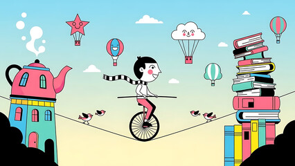 Whimsical tightrope walker balancing on a unicycle with books and teapot