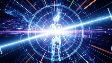 Futuristic humanoid robot glowing brightly in neon blue light