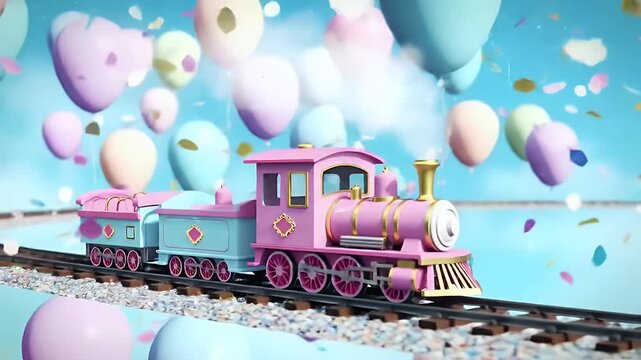 Whimsical pastel-colored toy train chugging along a curved track beneath heart-shaped balloons on a bright blue sky backdrop