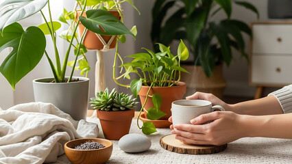 Relaxing morning with plants and coffee in cozy home