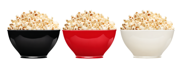 Vibrant set of three bowls filled with freshly popped popcorn, perfect for cinema, parties, or snack time