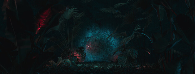 3d rendering of epic forest backdrop with light spot surrounded by jungle plants and trees