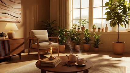 Cozy living room with plants and tea setup in warm sunlight
