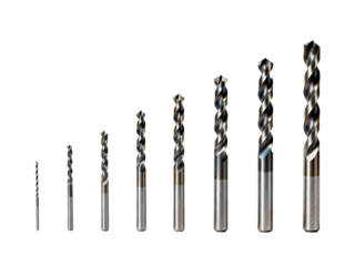 Set of metallic drill bits arranged in increasing size against a white background