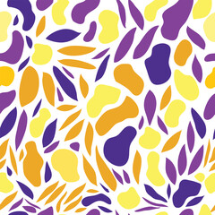 abstract shapes and leaves seamless pattern. Colorful purple, yellow, orange and white colored seamless pattern. 