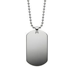 Fototapeta premium Silver dog tag necklace on a ball chain, shiny metal pendant, blank engraving