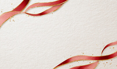 Elegant Red Ribbon with Gold Edges Flowing over Textured White Paper Background for Festive and Celebration Themes. generative aI