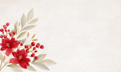 Elegant Red Floral Arrangement with Berries and Subtle Gold Leaves on Soft Cream Background for Sophisticated Celebrations. generative aI
