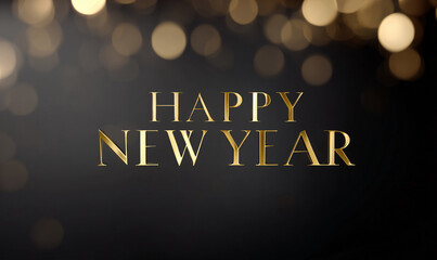 Elegant Happy New Year Text with Golden Bokeh Lights on Dark Background for Festive Celebration. generative aI