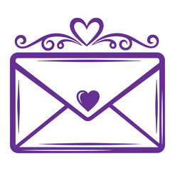 Purple envelope icon with heart design on transparent background for love letters and romantic messages