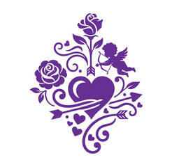 Purple heart and roses with cupid illustration for Valentines Day or lovethemed designs and romantic decorations