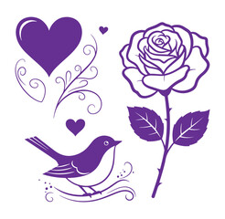 Purple heart rose and bird design elements with floral patterns isolated on white background