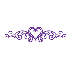 Purple heart shape design element with swirling lines and floral patterns  decorative border