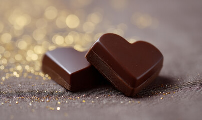 Close Up of Two Elegant Heart Shaped Dark Chocolates with Shiny Bokeh Background. generative aI