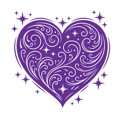 Purple heart shape with white swirling patterns and stars on white background