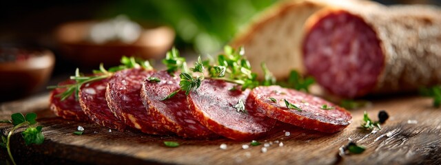 Obraz premium Thin Slices of Salami on Wooden Cutting Board with Fresh Herbs and Rustic Background