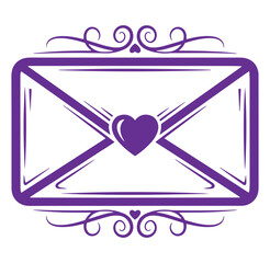 Purple heart shaped envelope icon with decorative swirls  love letter symbol