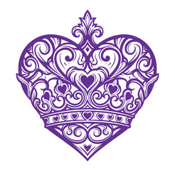 Purple heart shaped crown with intricate designs and hearts on white background