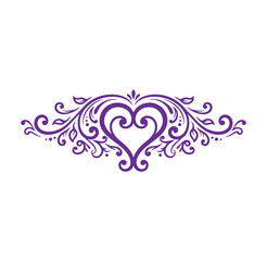 Purple heart shaped floral decorative design element with swirling leaves and dots