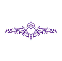 Purple heart shaped floral ornamental design element with swirling leaves and tendrils