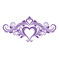 Purple heart shaped ornamental design with floral swirls and leaves isolated on transparent background