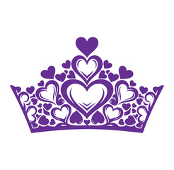 Purple heart shaped tiara crown with multiple small and large hearts isolated on white background