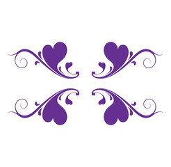 Purple heart shapes with floral swirls on white background