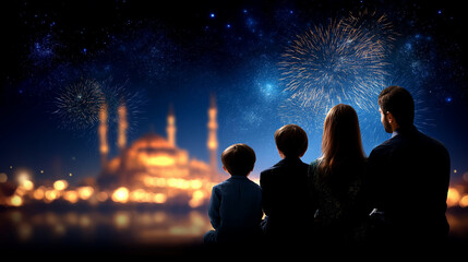 Family silhouette with children watching fireworks over mosque faceless, night celebration, community values and religious holidays, defocused background, with copy space