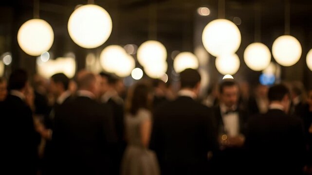 Experience the luxury of a sophisticated evening event with guests in formal attire, surrounded by elegant lighting and a lively atmosphere.