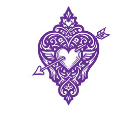 Purple heart with arrow and wings tattoo design element isolated on transparent background