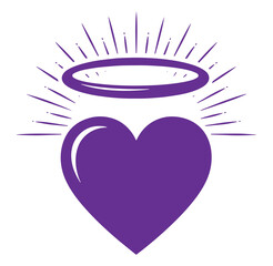 Purple heart with halo and sunburst lines isolated on white background