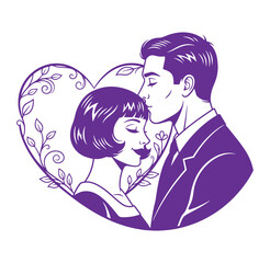 Purple illustration of a romantic couple embracing in a heart shape with leaves