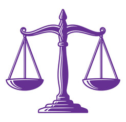 Purple scale of justice icon with two balanced pans and a central pillar