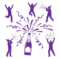Purple silhouettes of people celebrating with champagne bottle and fireworks  joyful party scene