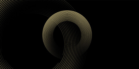 Abstract circle wave lines, gradient light equalizer gold wavy curve. Round frame in luxury golden color isolated on black background. Editable stroke. Vector illustration with copy space © Muis